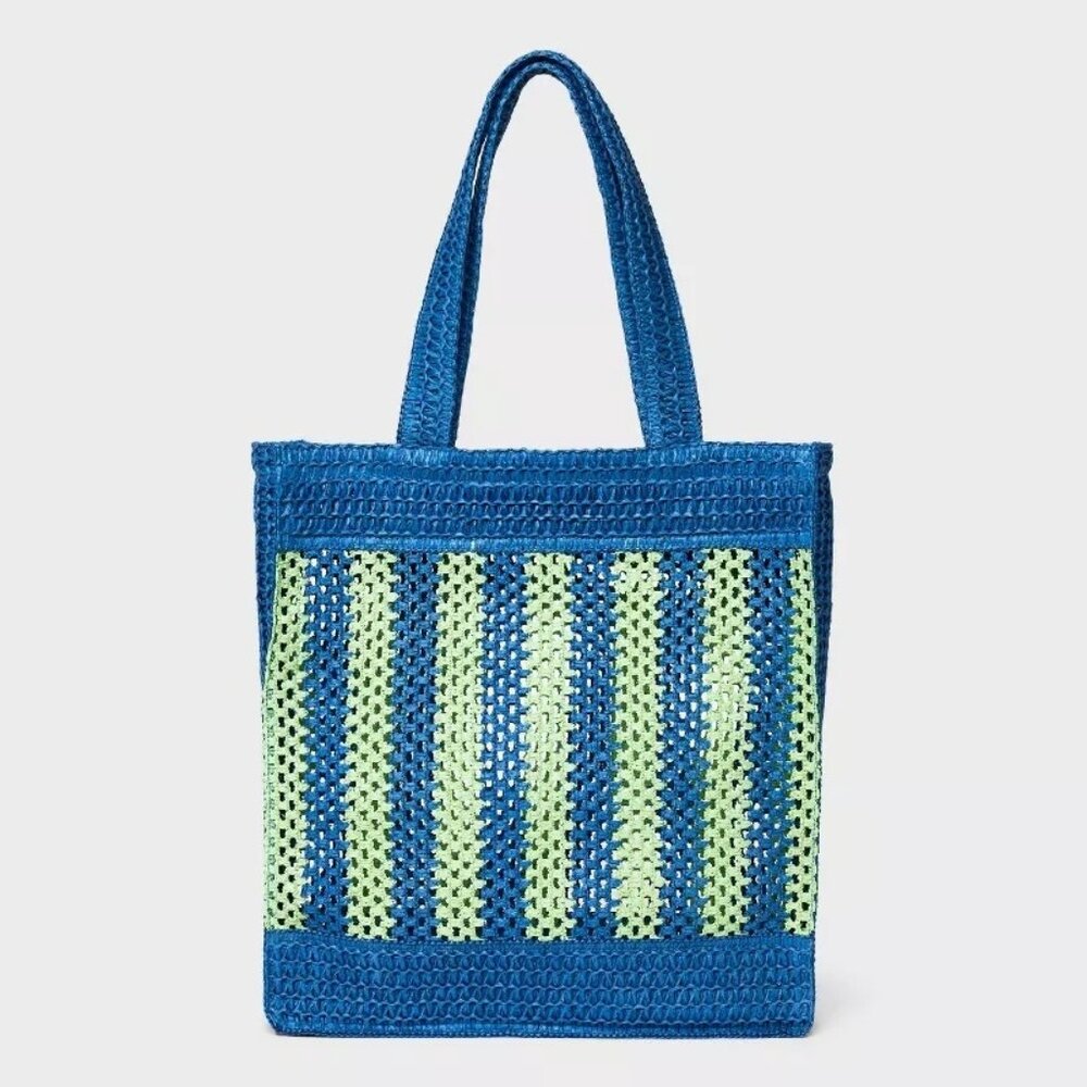 Universal Thread Crochet Woven Handbag Blue Green Tote Single Compartment